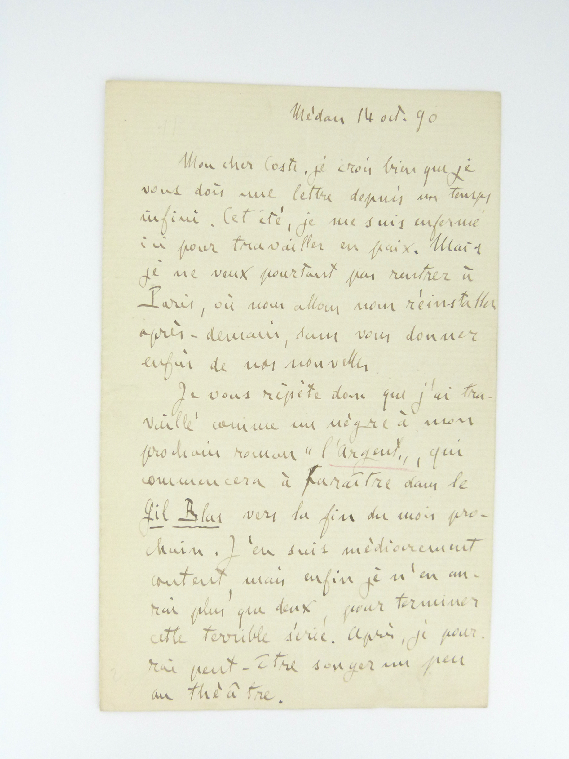 Lettre autographe signée Zola au sujet de L'Argent
