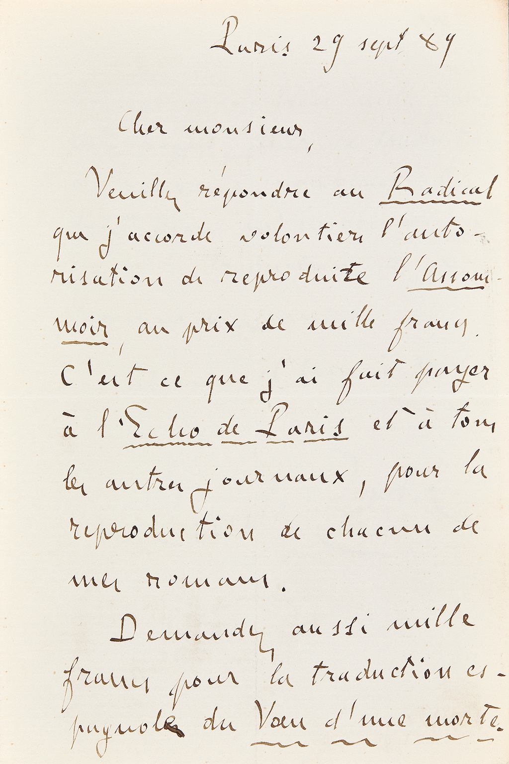 Lettre autographe signée Zola au sujet de L'Assommoir