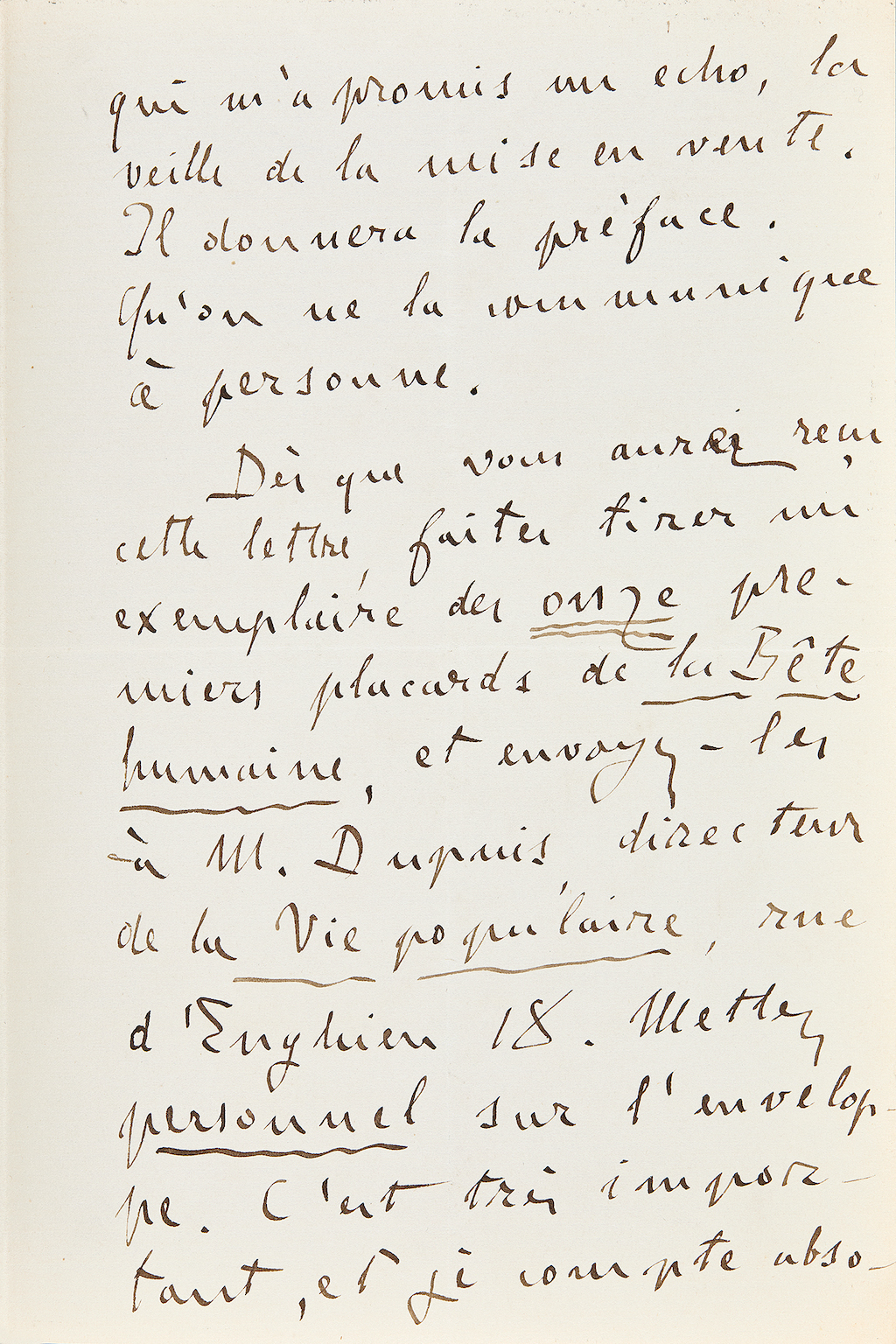 Lettre autographe signée au sujet de La bête humaine