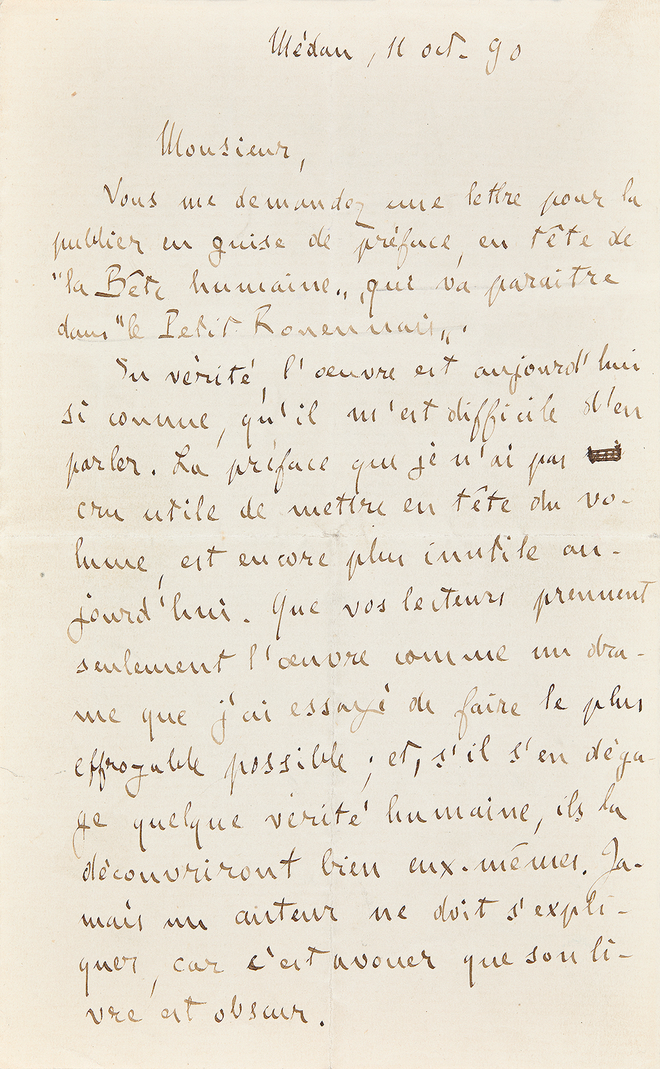 Lettre autographe signée Zola au sujet de La Bête humaine