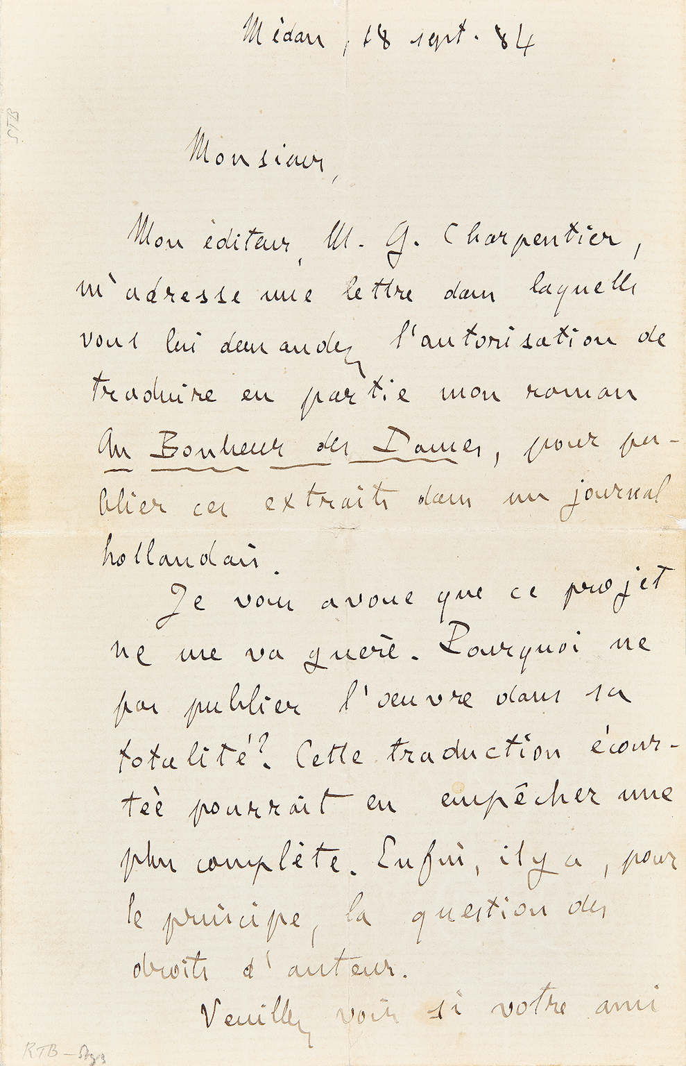 Lettre autographe signée Zola au sujet du Bonheur des dames