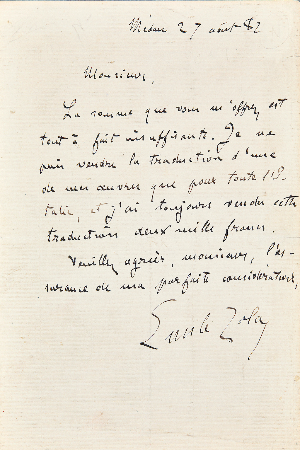 Lettre autographe signée Zola au sujet du Bonheur des dames