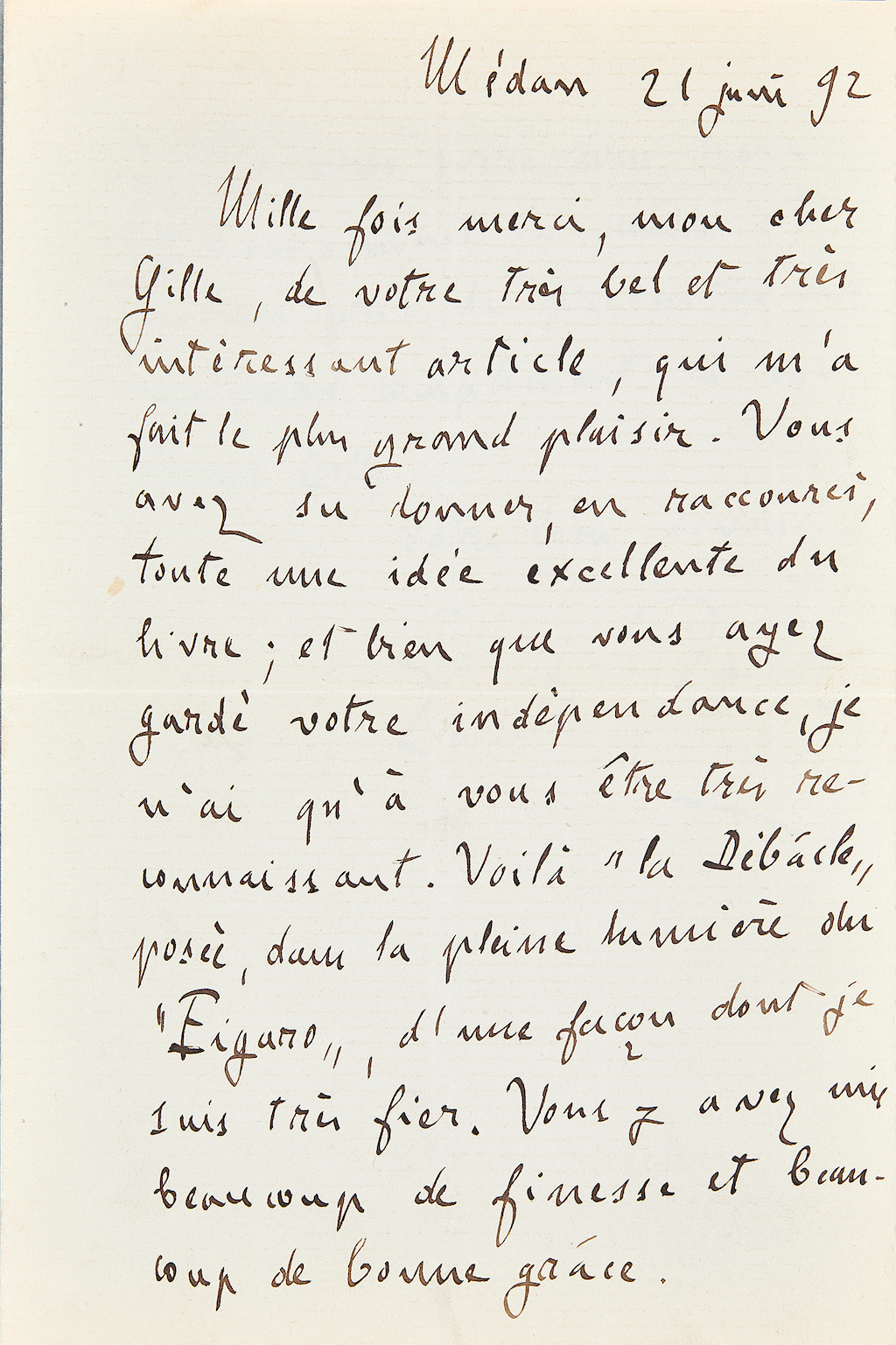 Lettre autographe signée Zola au sujet de La Débâcle