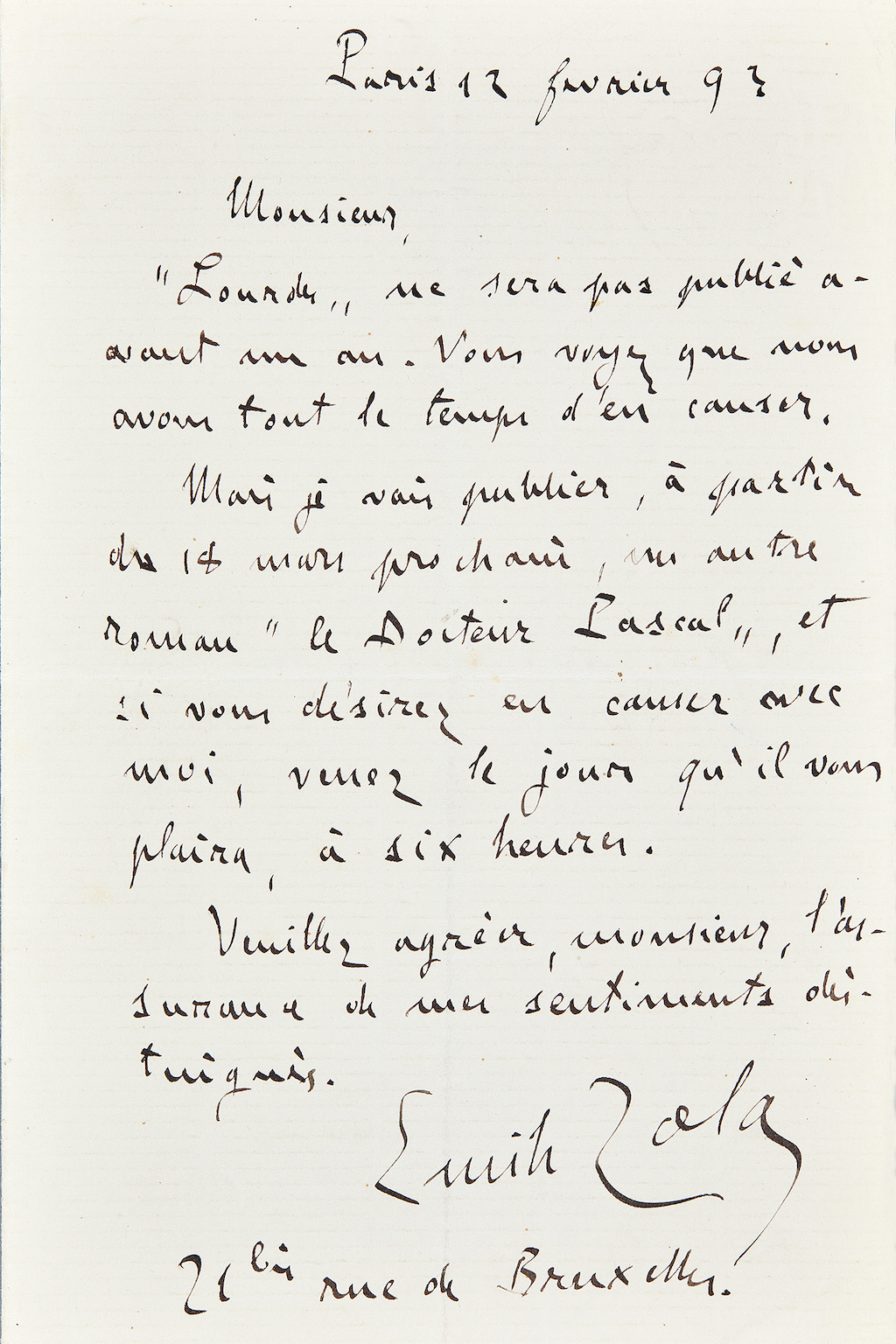 Lettre autographe signée Zola au sujet du Docteur Pascal