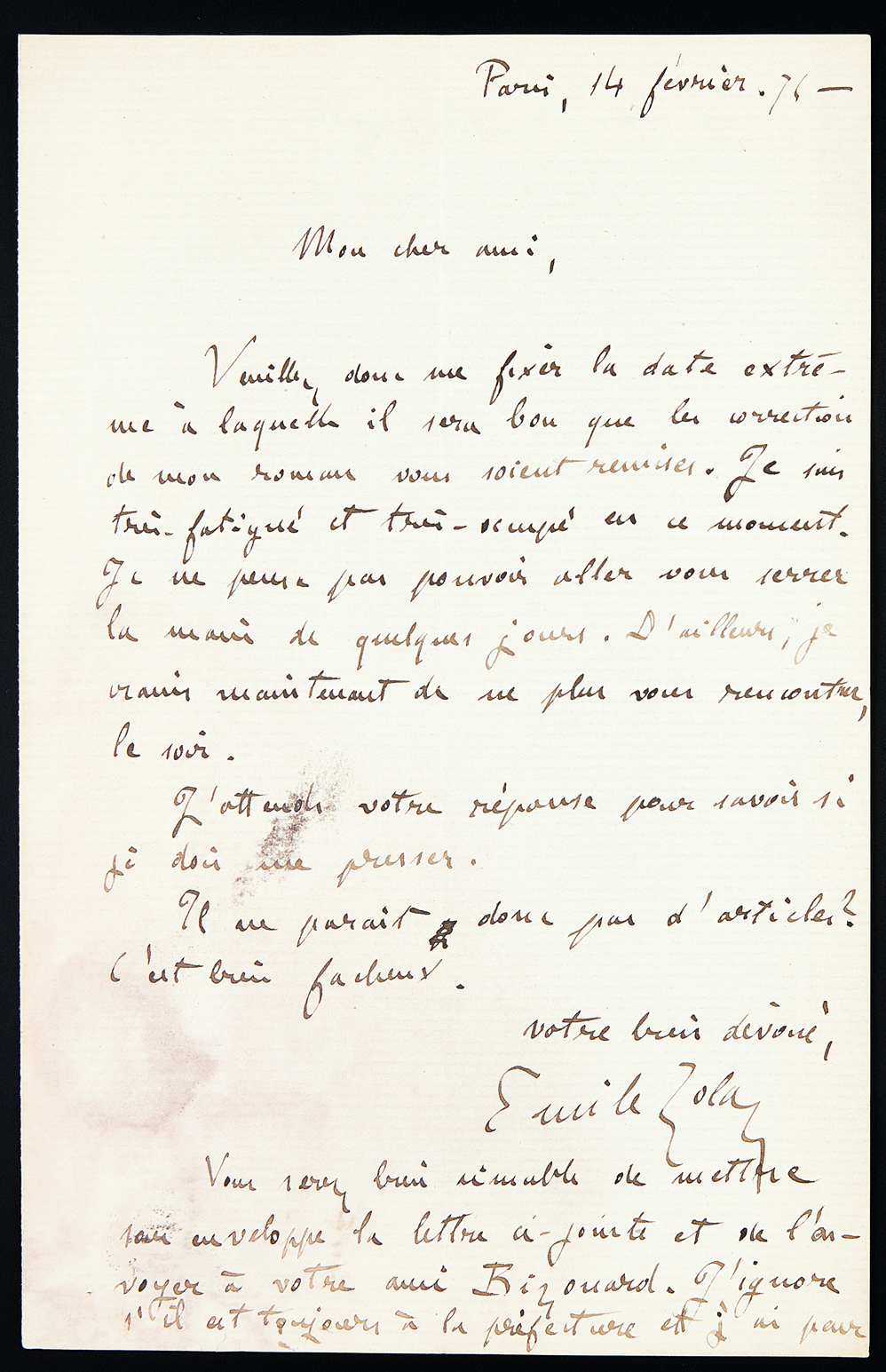 Lettre autographe signée Zola au sujet de Son Excellence Eugène Rougon