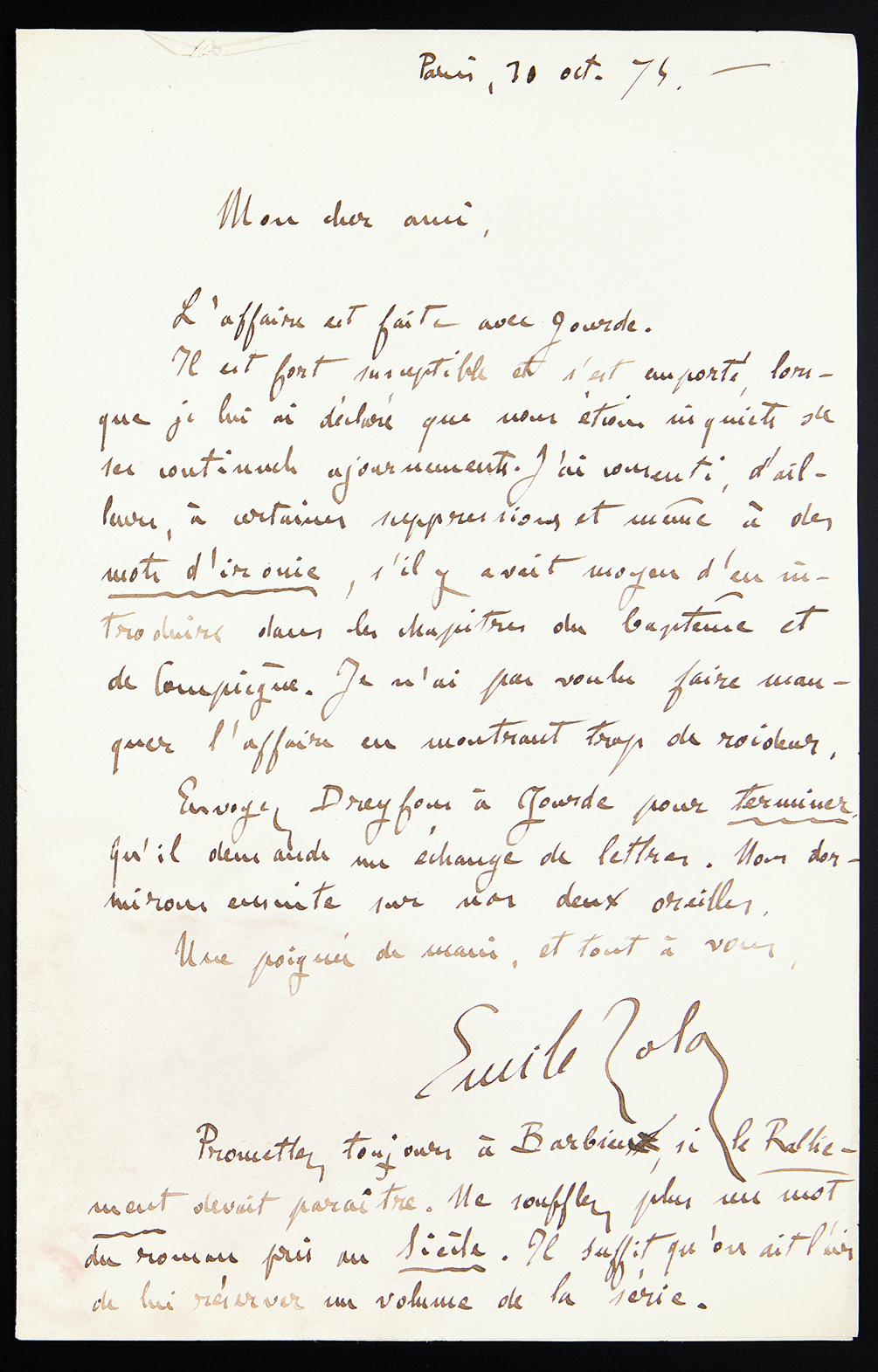 Lettre autographe signée Zola au sujet de Son Excellence Eugène Rougon