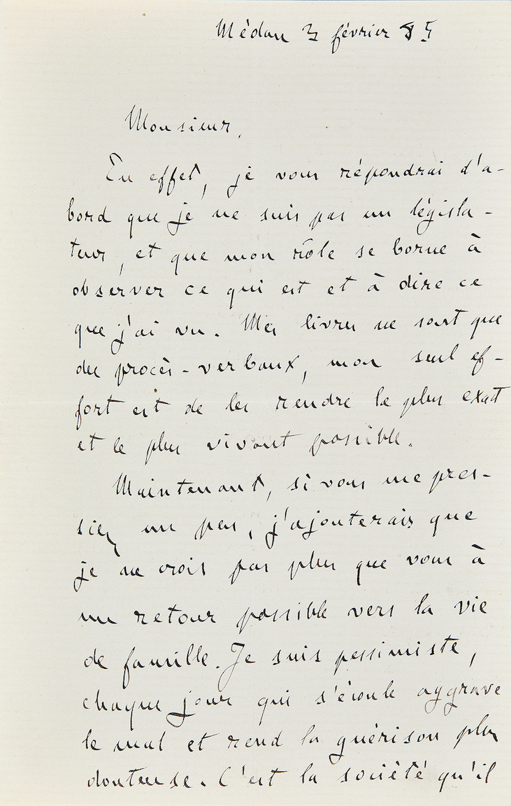 Lettre autographe signée Zola au sujet des Rougon-Macquart