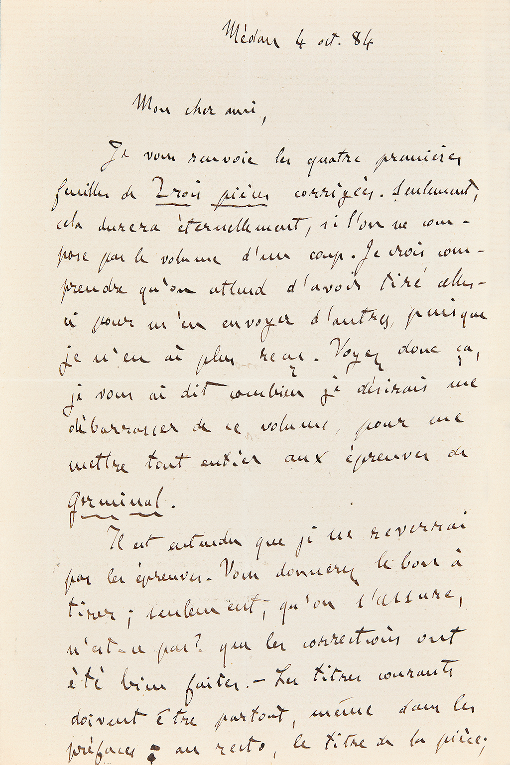 Lettre autographe signée Zola au sujet de Germinal