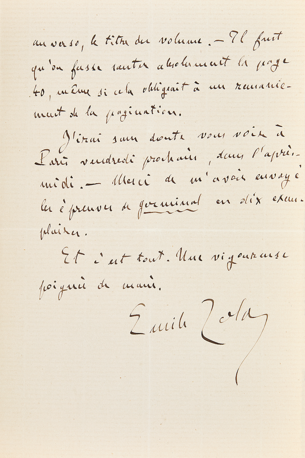 Lettre autographe signée Zola au sujet de Germinal