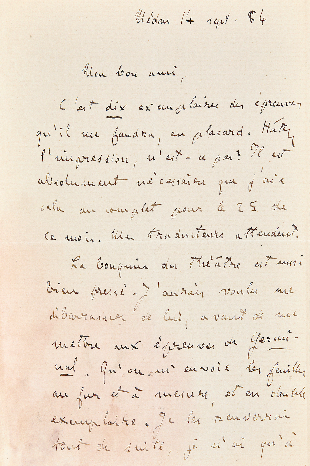 Lettre autographe signée Zola au sujet de Germinal