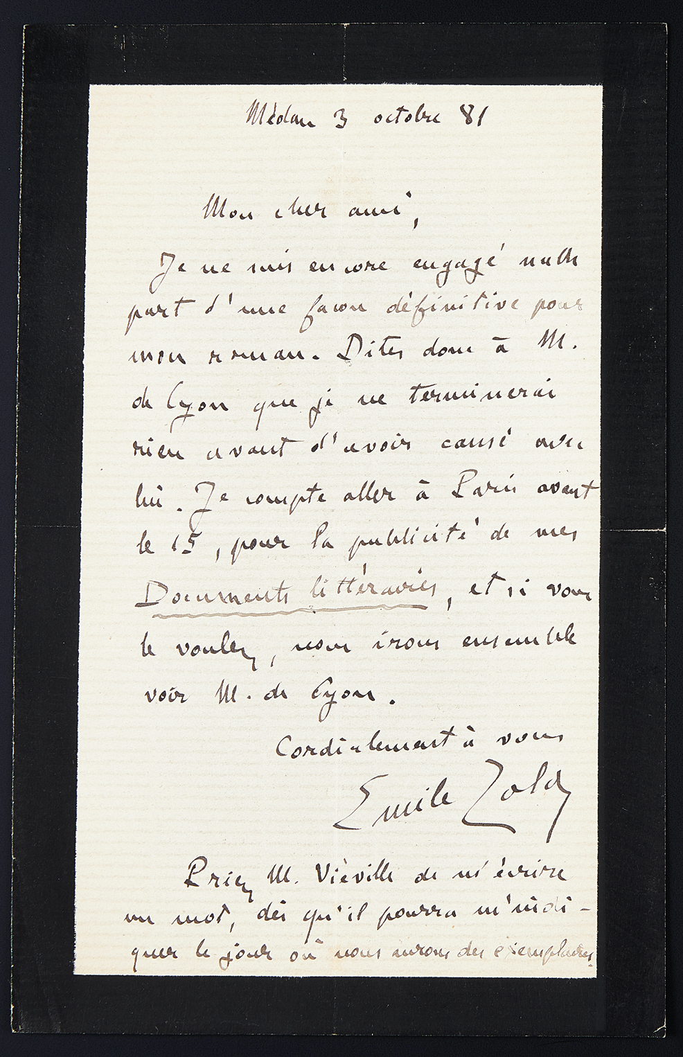 Lettre autographe signée Zola au sujet de Pot-bouille