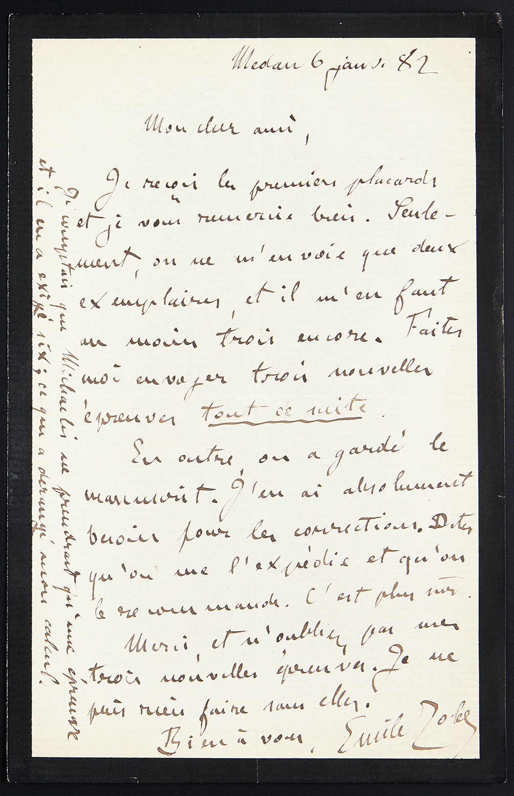 Lettre autographe signée Zola au sujet de Pot-bouille