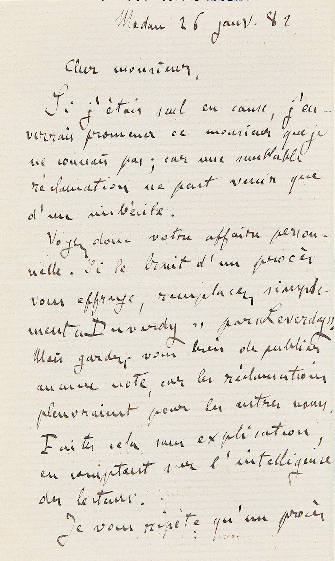 Lettre autographe signée Zola à Élie de Cyon au sujet de Pot-bouille