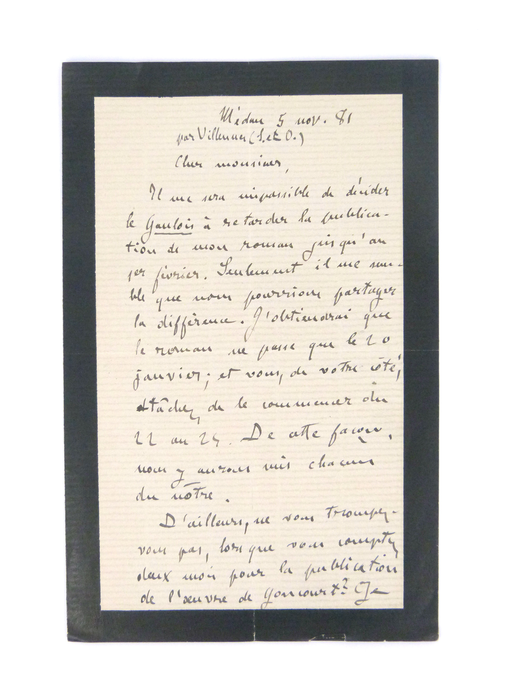 Lettre autographe signée Zola à Hugo Wittmann au sujet de Pot-bouille