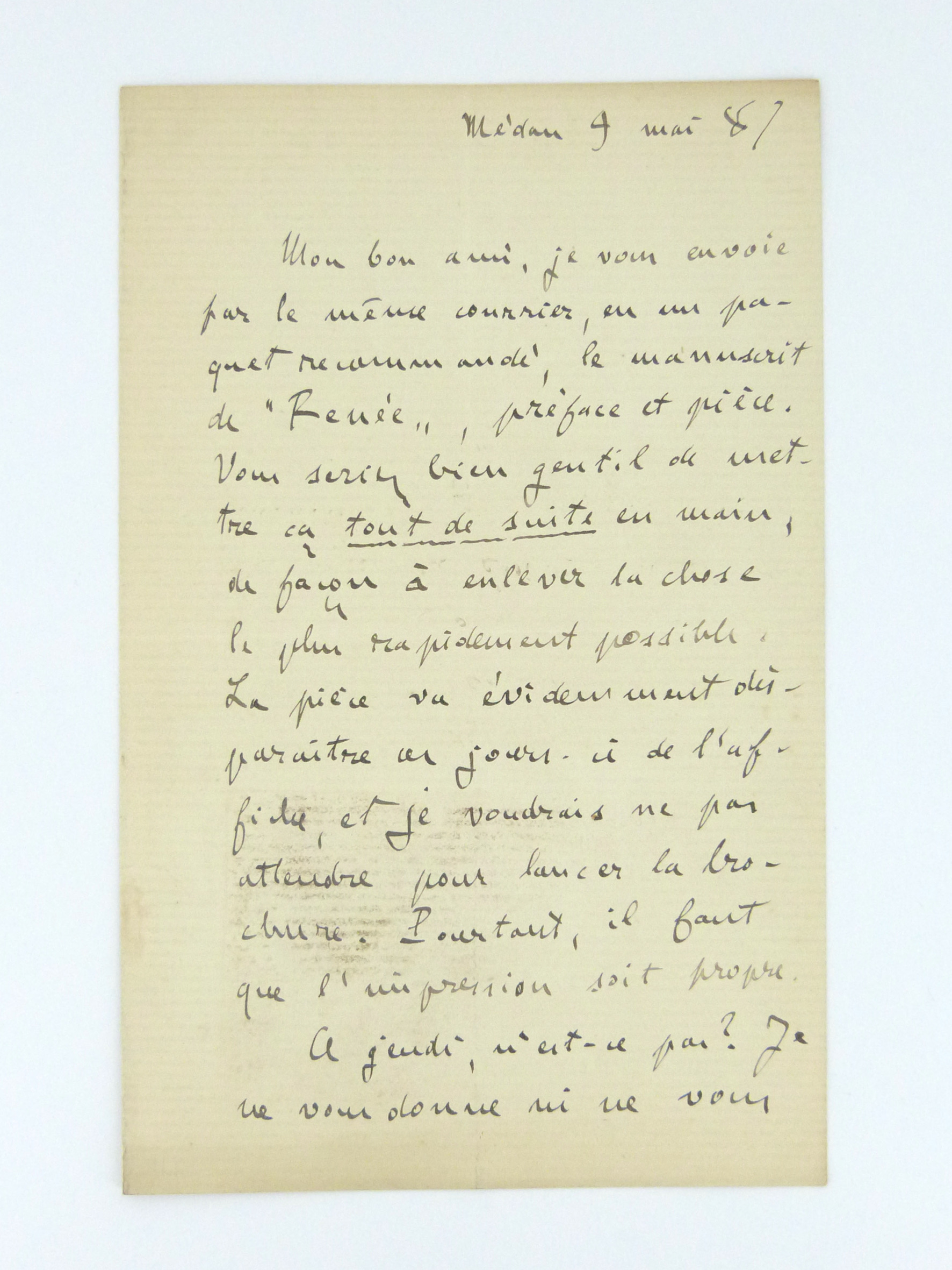Lettre autographe signée Zola au sujet de Renée