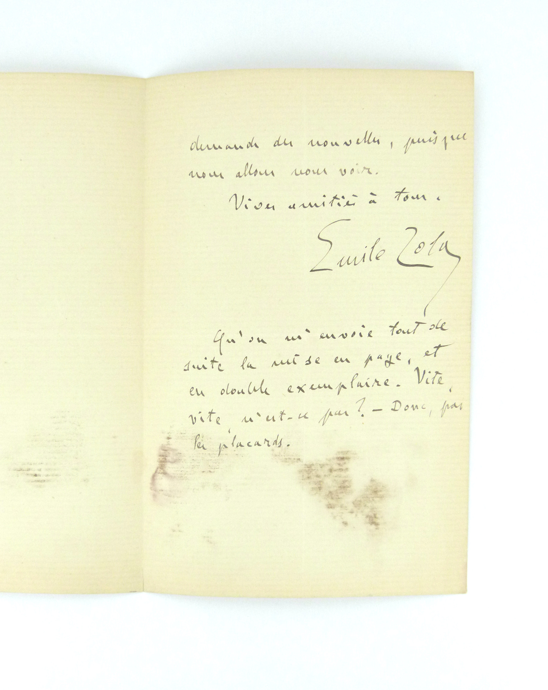 Lettre autographe signée Zola au sujet de Renée