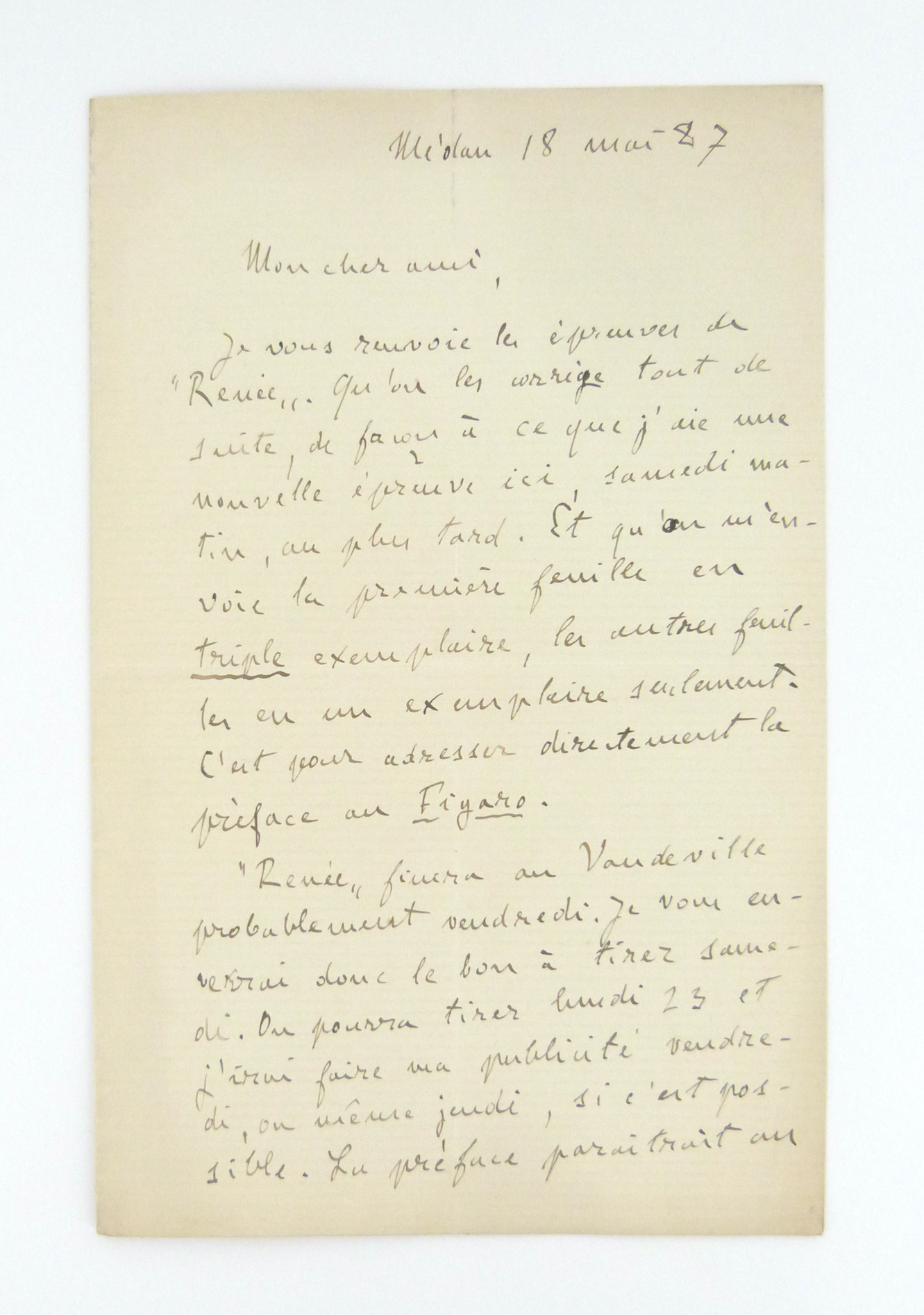 Lettre autographe signée Zola au sujet de Renée