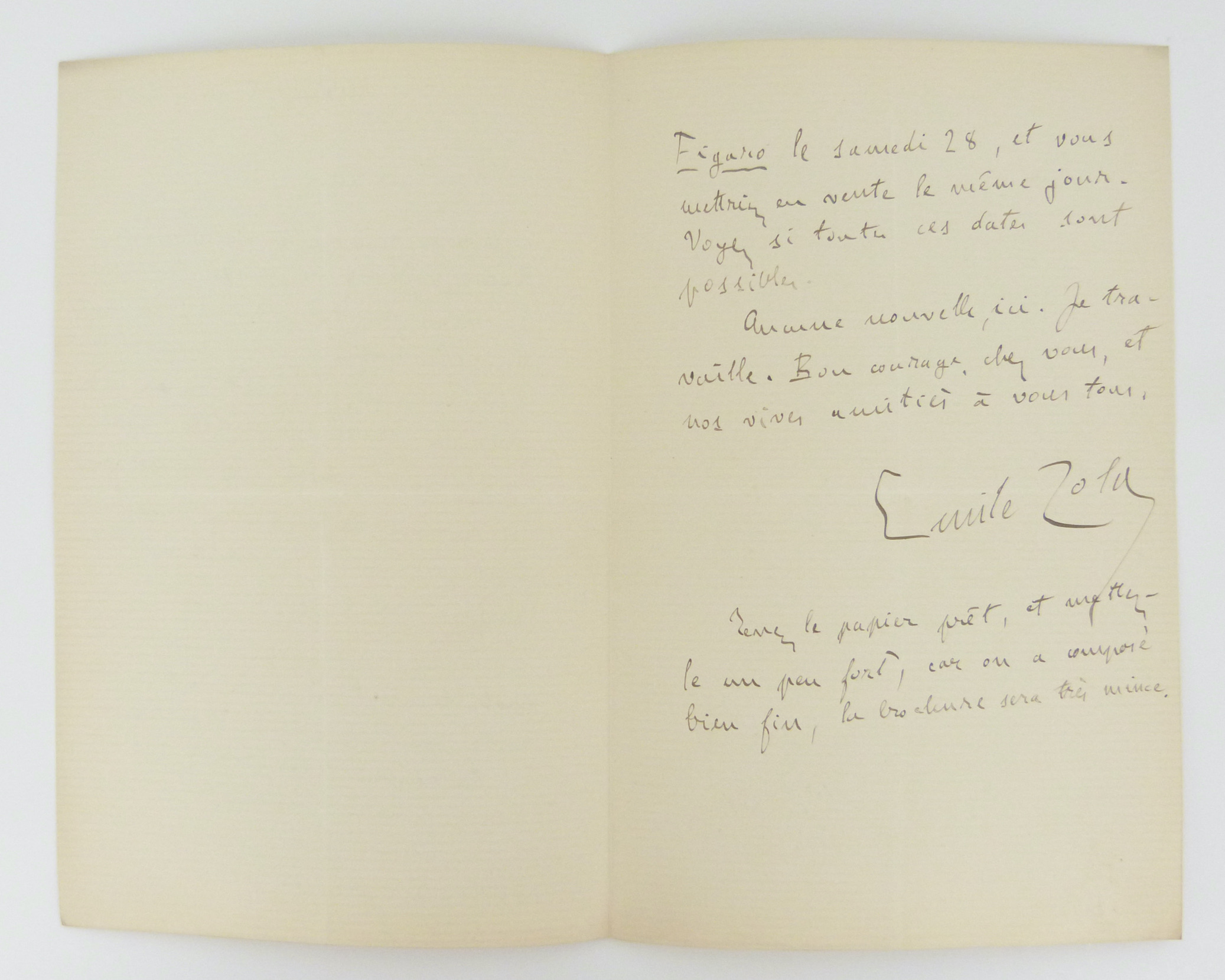 Lettre autographe signée Zola au sujet de Renée