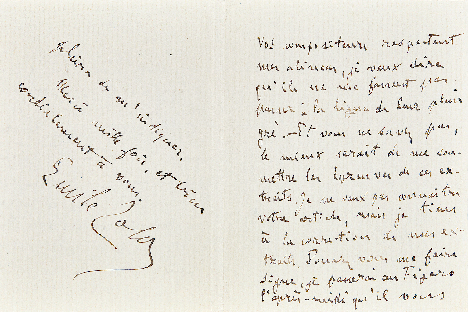 Lettre autographe signée Zola au sujet du Rêve